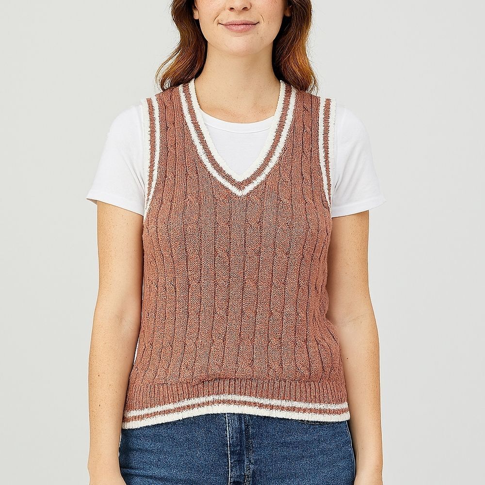 Love Tree Women's Cableknit Sweater Vest Brown & Cream Two Tone Vneck Pullover
